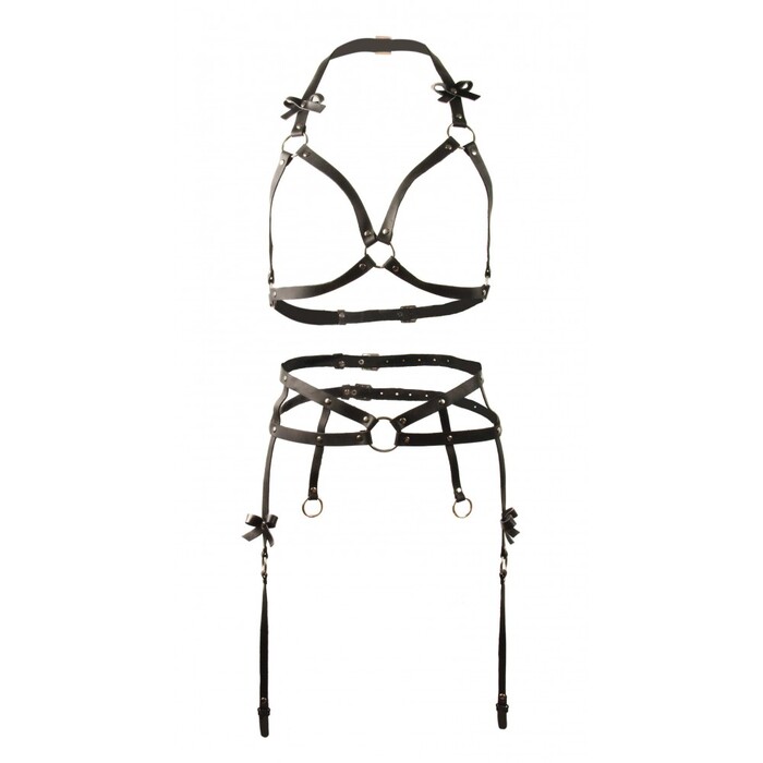 Портупея та пояс для панчох із бантиками Candy Hero 'Kit17' натуральна шкіра, чорний