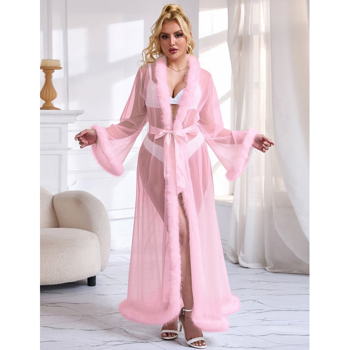 Розовый сексуальный длинный халатик в сеточку Star Night с отделкой из меха под норку и поясом, M