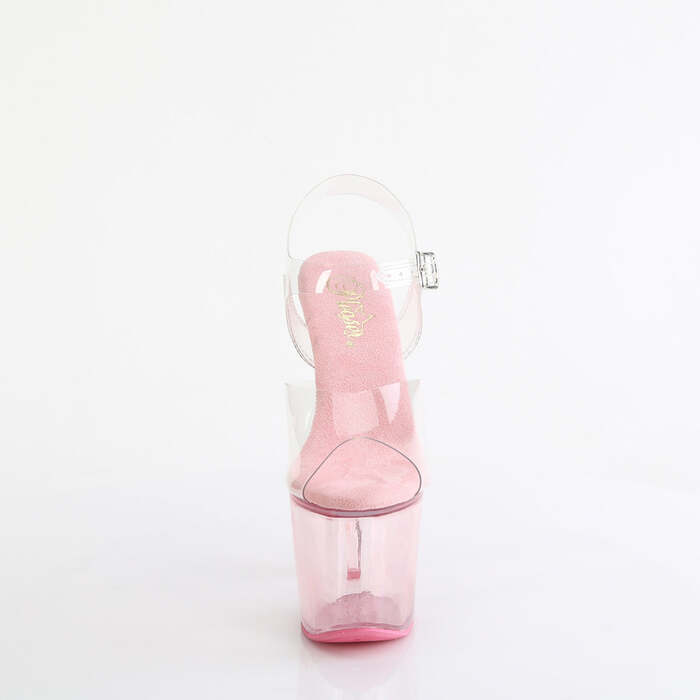 Босоножки Lovesick-708T. Каблук в форме сердца высотой 7 дюймов, ремешок на щиколотке шириной 3 1/4 дюйма. Прозрачный/бледно-розовый.
