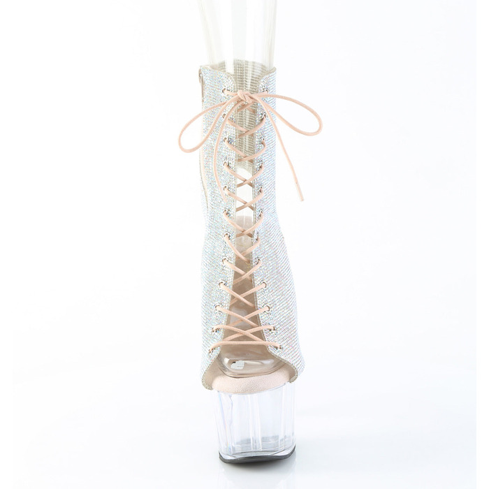 Чоботи Adore-1016C-RS на підборах 7 дюймів, чоботи до щиколотки 2 3/4 дюйма з відкритим носком/підбором, з RS, блискавка збоку, сріблясті стрази AB/прозорі