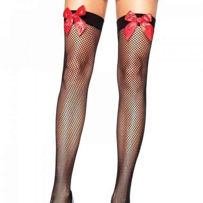 Панчохи в сіточку із червоним бантом Leg Avenue Fishnet Thigh Highs With Bow O/S