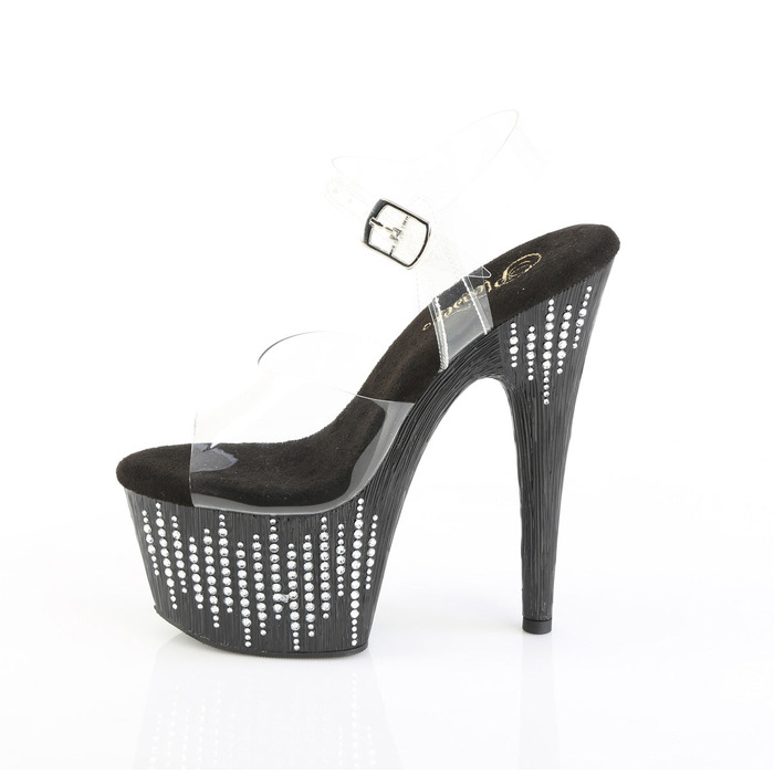 Босоніжки Adore-708WFRS на підборах 7 дюймів, з ремінцем на щиколотці 2 3/4 дюйма, з посипкою RS, прозорі/чорно-срібні стрази