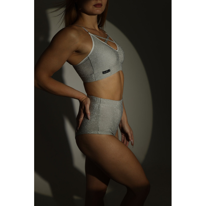 Lurex — високі шорти з блиском для pole dance, heels та сценічних тренувань - біло-срібний
