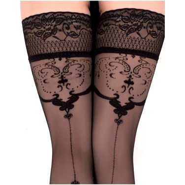 Панчохи Ballerina's Secret з фантазійними візерунками та мереживом на силіконовій основі, чорні, S/M