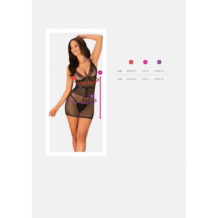 Пеньюар горошок з атласною стрічкою Obsessive Bowessa чорний, S/M