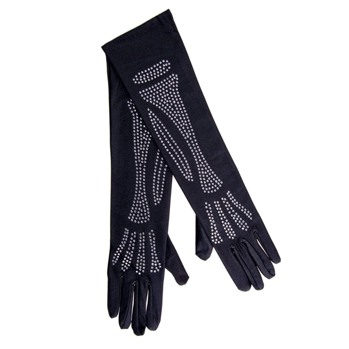 Рукавички зі стразами Skeleton Bone Elbow Length Gloves від Rhinestone Leg Avenue, чорні O\S
