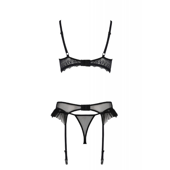 Полупрозрачный комплект белья Passion Kerria с кружевом и открытой грудью, черный, S/M