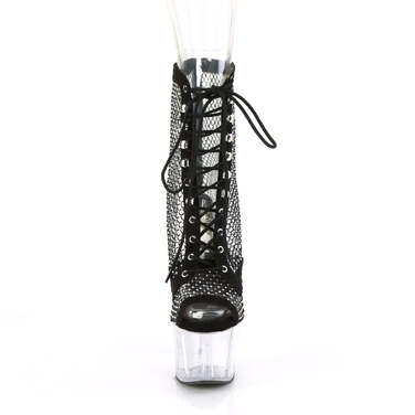 Ботильоны Adore-1021RM. Каблук 7 дюймов, высота 2 3/4 дюйма, открытый носок, шнуровка, боковая молния, черная сетка со стразами/прозрачная.