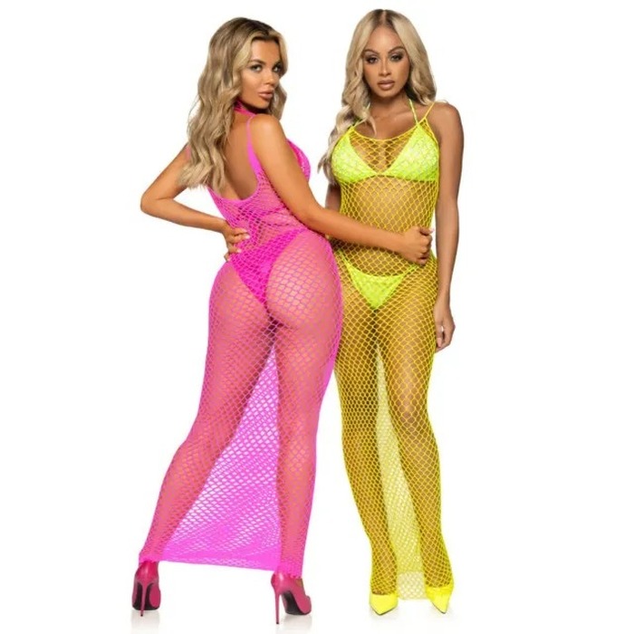 Длинное платье из сетки Leg Avenue, неоново-розовое