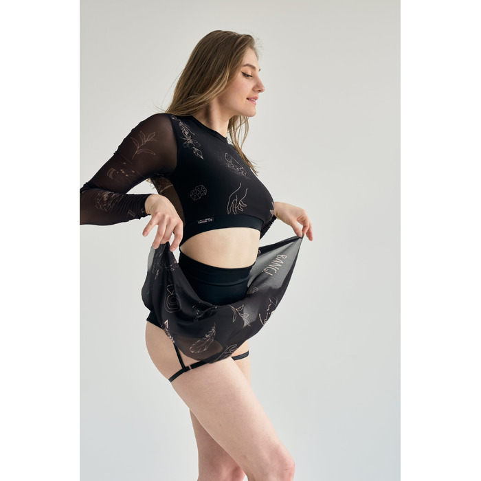 Dance Tattoo Комплект – Лонгслів із Сіткою та Високі Шорти для Танців, Полденсу та Розтяжки - чорний