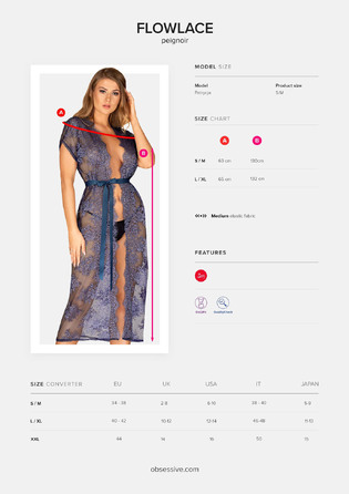 Пеньюар полупрозрачный с кружевом Obsessive Flowlace синий, S/M