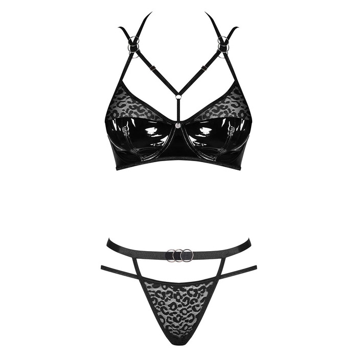 Комплект белья Obsessive Bagirela, винил с леопардовыми мотивами, S/M