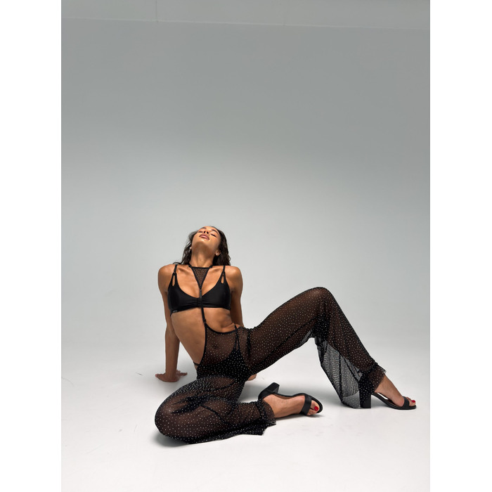 WHISPER DUST Pole Dance Комплект із 3 Елементів: Топ, Трусики та Широкі Сітчасті Штани з Портупеєю з Блиском для Pole Dance, Exotic та Сценічних Виступів - чорний