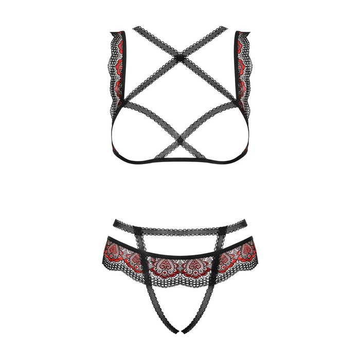 Комплект еротичний з червоною вишивкою Obsessive Megies та доступом до інтимних зон, L/XL