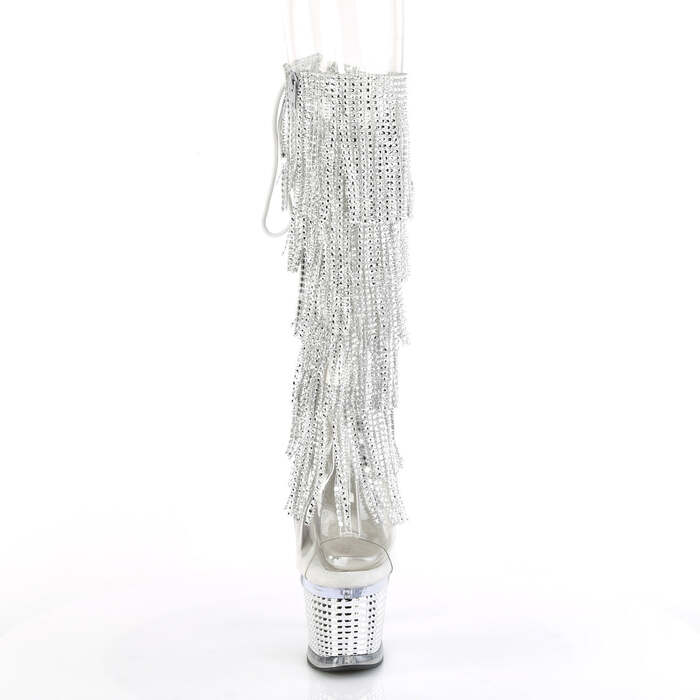 Чоботи Spectator-2017RSF на підборах 7 дюймів, текстуровані чоботи до коліна з відкритим носком/п'ятою 3 дюйми, блискавка збоку, сріблясті/прозорі