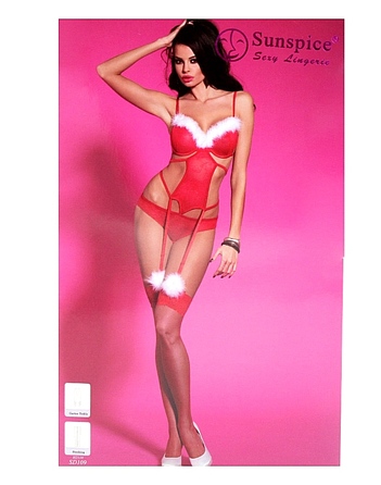 Костюм новогодний Sunspice Мисс Санта боди кружево с пушком, чулки, красный+белый, M/L