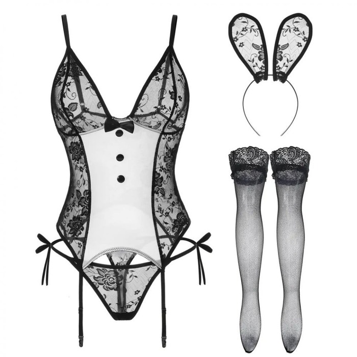 Сексуальний костюм зайчика S/M Sunspice, чорний, 5 предметів