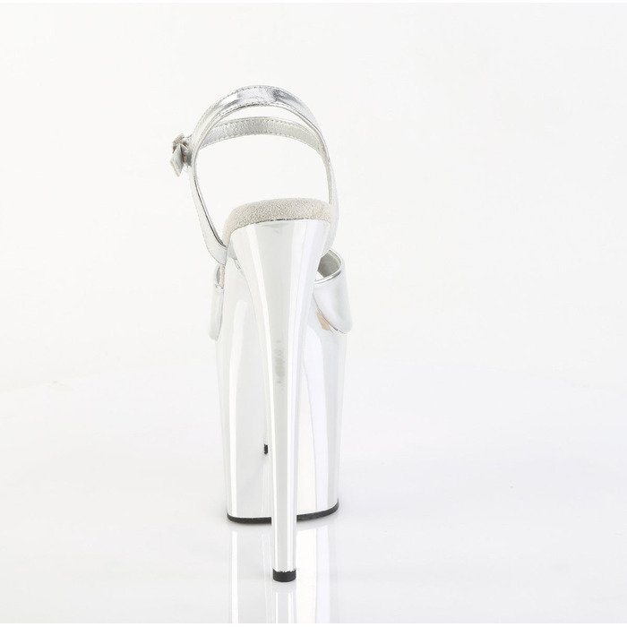 Босоніжки Flamingo-809 на підборах 8 дюймів, босоніжки з ремінцем на щиколотці 4 дюйми, сріблясто-металевий колір веганської шкіри/сріблястий хром