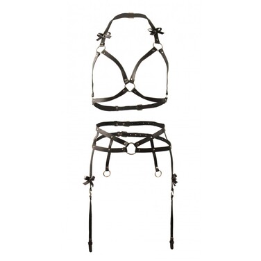 Портупея та пояс для панчох із бантиками Candy Hero 'Kit17' натуральна шкіра, чорний