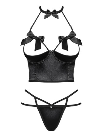 Комплект-корсет со шнуровкой и трусиками Obsessive Delishya, черный, L/XL