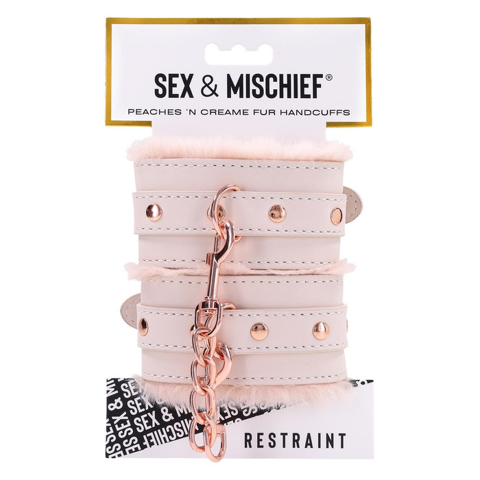 Наручники с мехом Sex & Mischief Peaches'n CreaMe с металлической фурнитурой, розовые