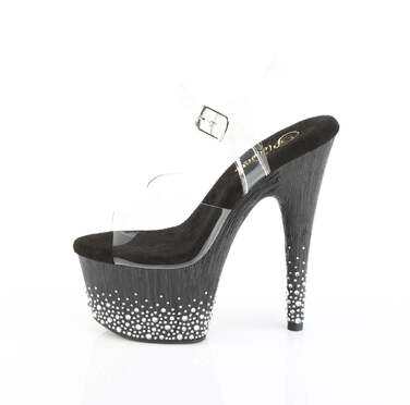 Босоніжки Adore-708SPKL-01 на підборах 18 см, платформа 7 см, з ремінцем на щиколотці та декором із розсипчастих стразів, колір: прозорий/чорний-сріблястий