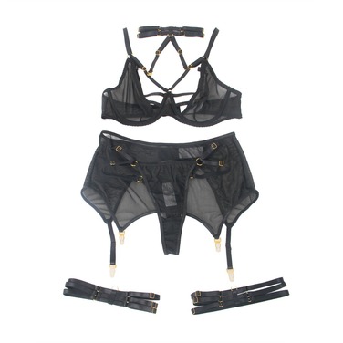 Комплект білизни чорний в сіточку Star Night з поясом та гартерами, M