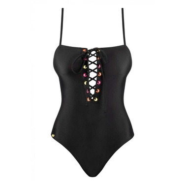 Купальник сдельный Obsessive Beverelle с глубоким декольте и шнуровкой, черный, M