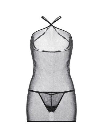 Пеньюар сеточкой в стразах Sunspice и стринги, черный, S/M