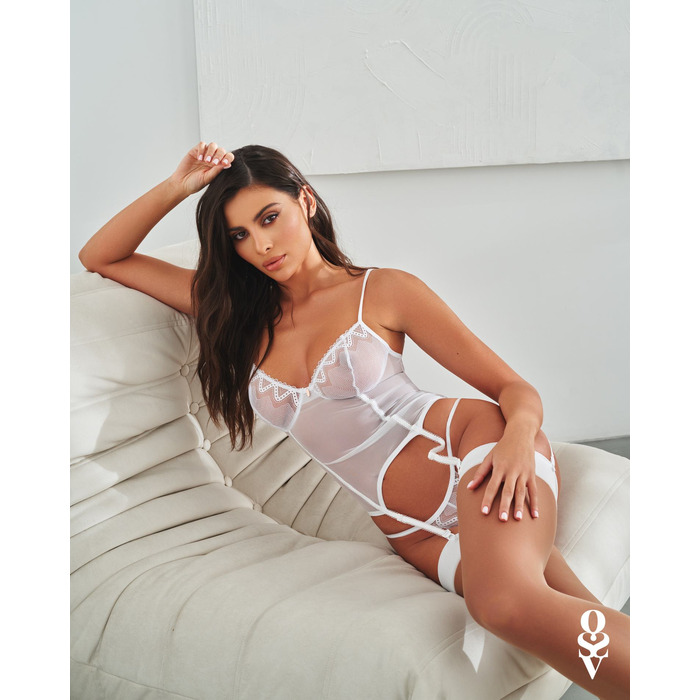 Прозорий корсет та стрінги Obsessive Alissium corset & thong білі, XS/S