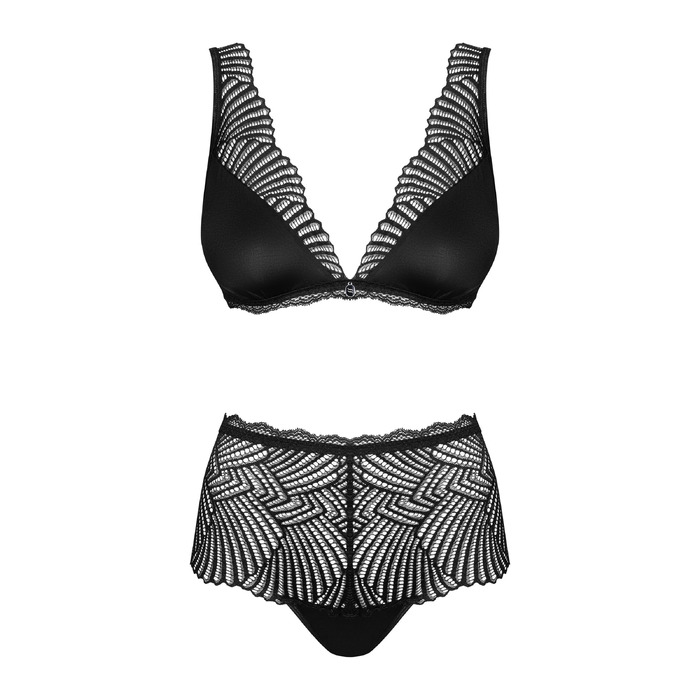 Комплект мереживний Obsessive Klarita ліф і трусики з високою посадкою, чорний, L/XL