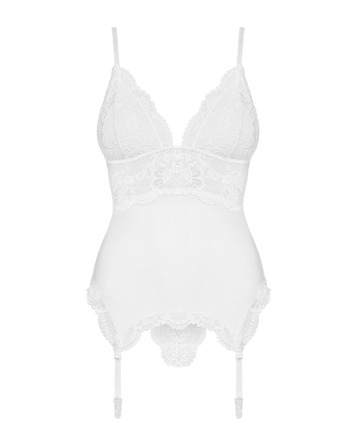 Корсет кружевной Obsessive 810-COR-2 с пажами для чулок, в комплекте кружевные стринги, белый, S/M