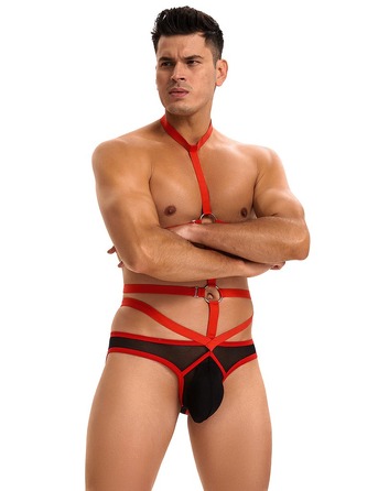 Мужские трусы с портупеей и чокером Star Night красный-черный, M