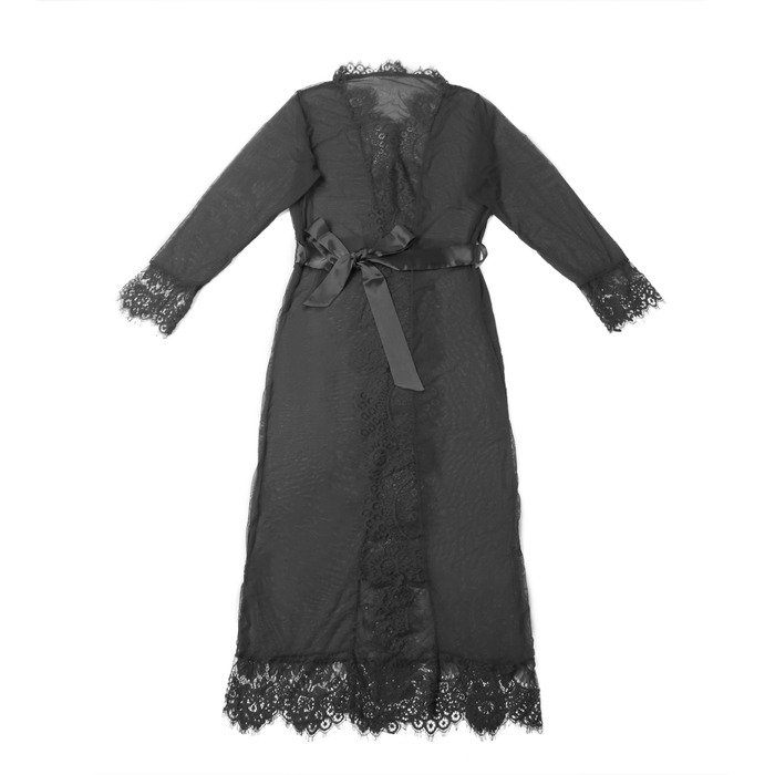 Халатик полупрозрачный Star Night с поясом и кружевом, черный, M-L