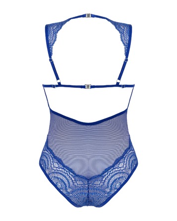 Сексуальное боди полупрозрачное кружевное Obsessive с косточками, синее, XS/S