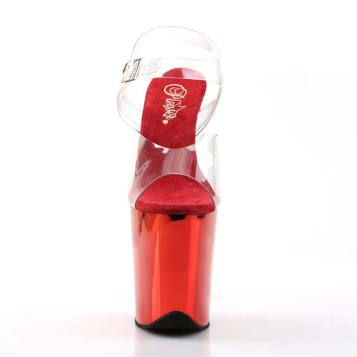 Босоножки Flamingo-808. Каблук 8 дюймов, ремешок на щиколотке 4 дюйма, хромированная подошва, прозрачный/красный хром.