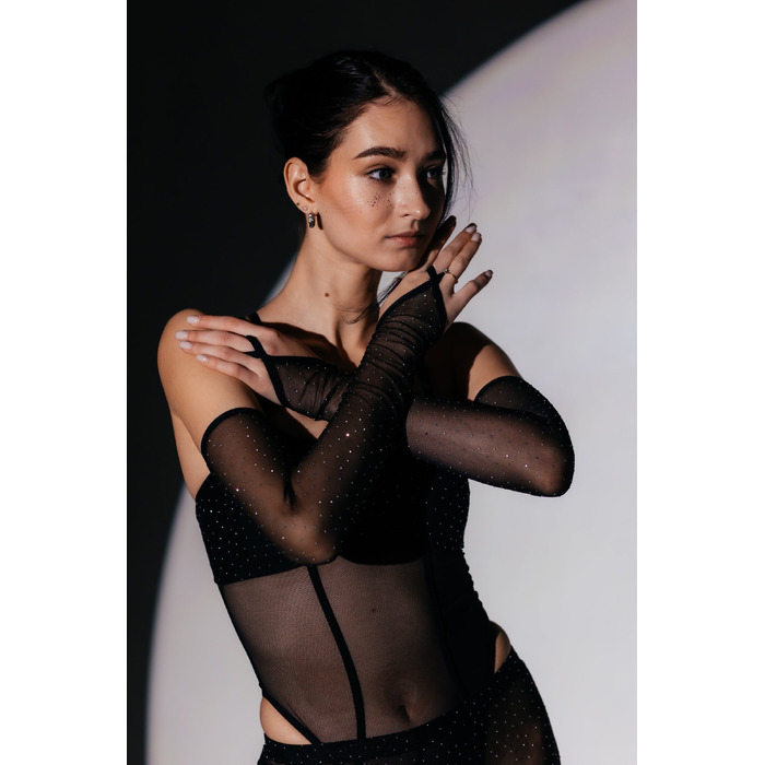 SKINELLE Mesh Crystal Боді з Камінням та Рукавичками для Сцени, Pole та Exotic на Підборах - чорний