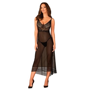 Пеньюар длинный полупрозрачный Obsessive Estiqua черный, XS/S