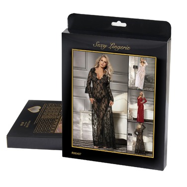 Пеньюар длинный кружевной Star Night и стринги, черный, XS/S