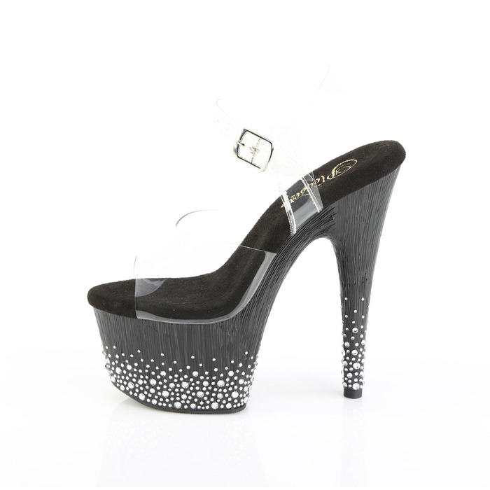 Босоніжки Adore-708SPKL-01 на підборах 18 см, платформа 7 см, з ремінцем на щиколотці та декором із розсипчастих стразів, колір: прозорий/чорний-сріблястий
