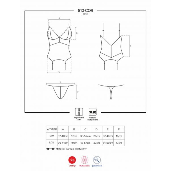 Корсет Obsessive 810-COR-1 с кружевом и пажами для чулок, черный, L/XL