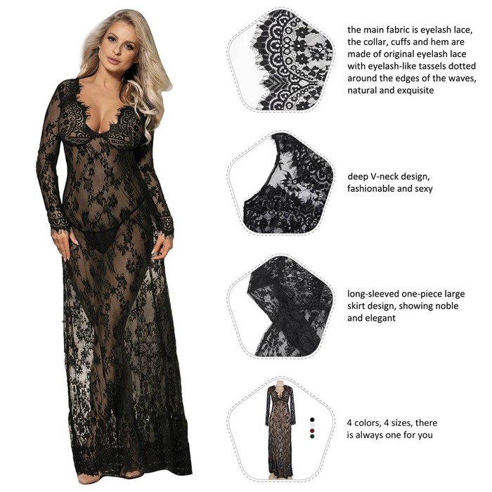 Пеньюар длинный кружевной Star Night и стринги, черный, M/L