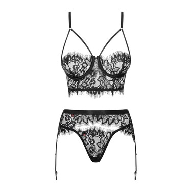 Комплект мереживний Obsessive Lashy з трьох частин, чорний, L/XL