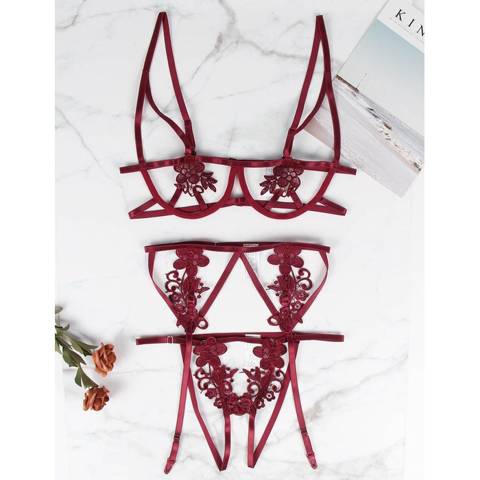 Комплект білизни з поясом для панчіх Star Night трусики з відкритим доступом, бордовий, XS/S