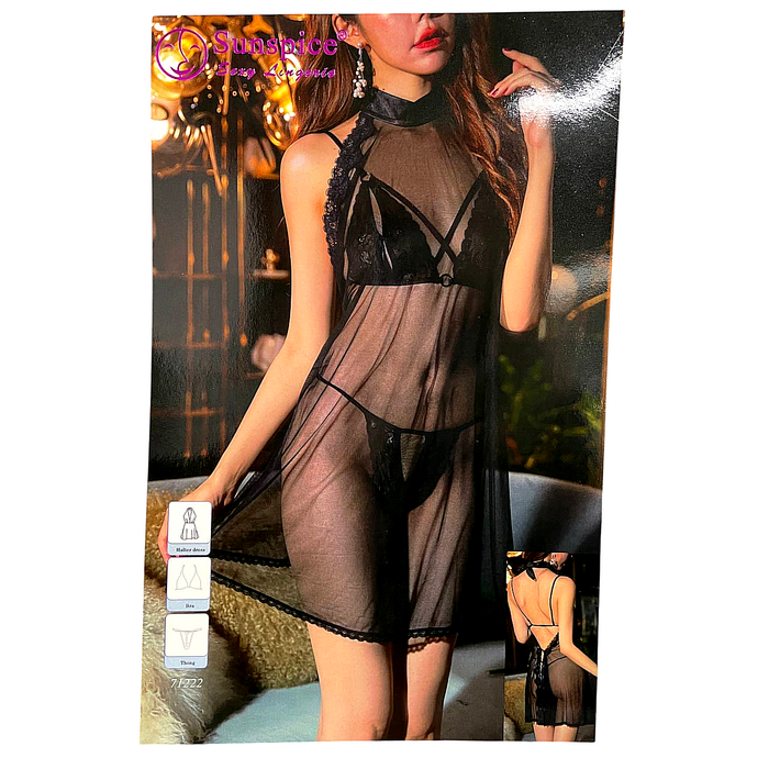 Комплект білизни Sunspice та пеньюар у сітку чорний, S/M